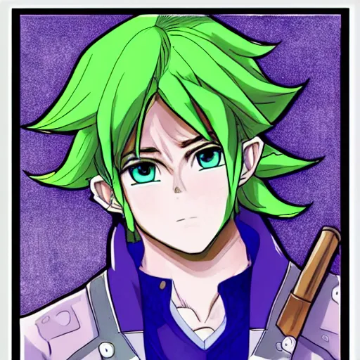 Prompt: portrait of Link in a colored manga, colored manga art style .