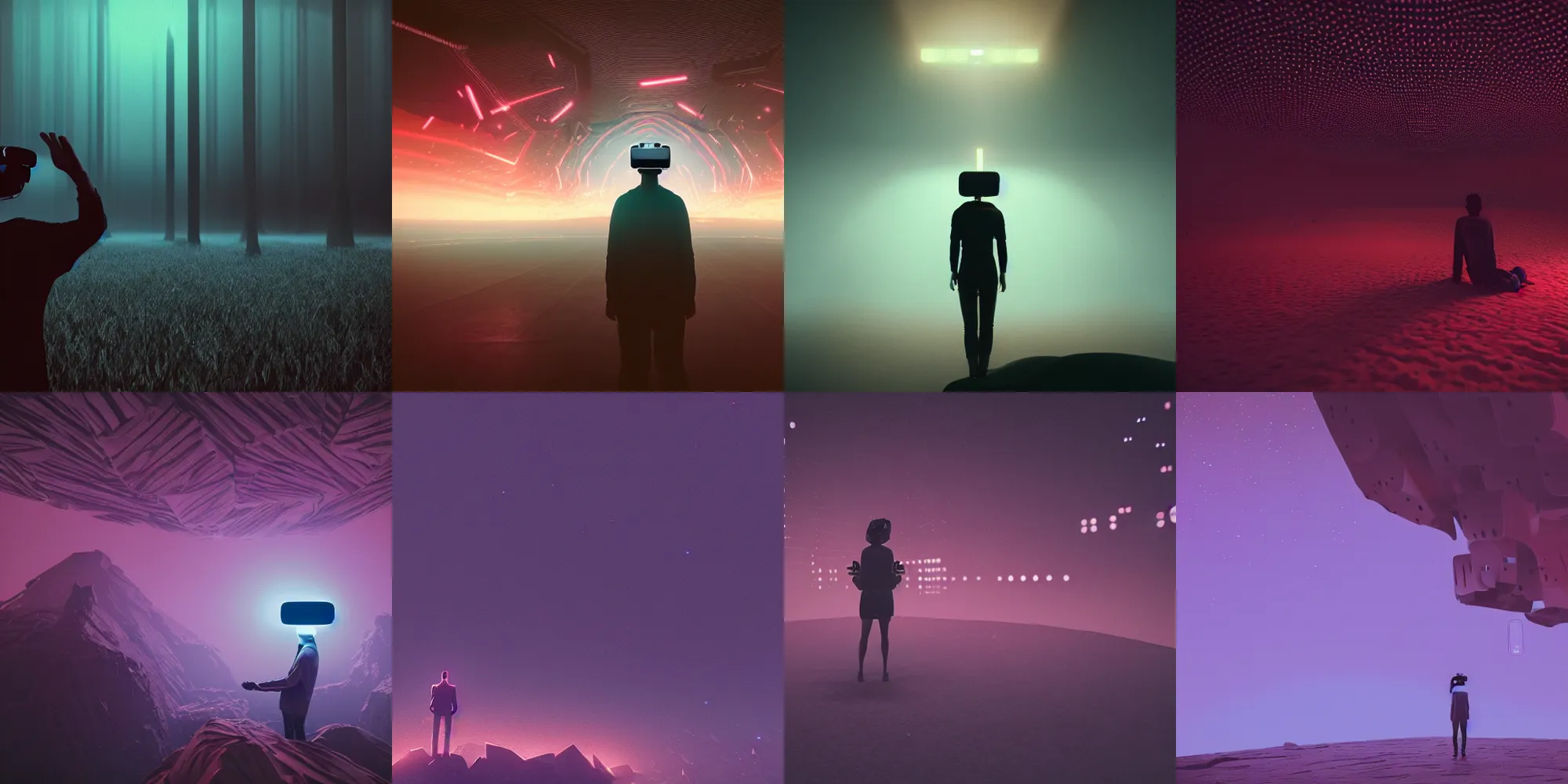 Prompt: beautiful dark landscape, person screaming wearing virtual reality, in the style of beeple and Mike Winkelmann, intricate, epic lighting, cinematic composition, hyper realistic, 8k resolution, unreal engine 5,
