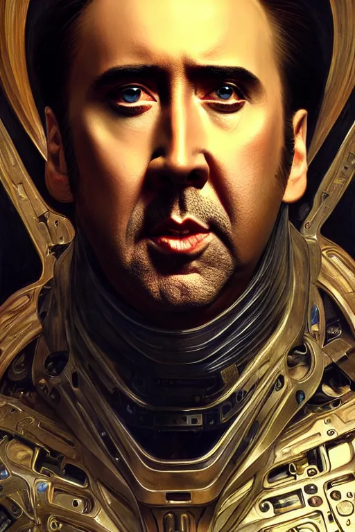 Prompt: nicolas cage mechanical android!, half portrait, intricate detailed environment, photorealistic!, intricate, elegant, highly detailed, digital painting, artstation, concept art, smooth, sharp focus, illustration, art by artgerm and greg rutkowski and alphonse mucha