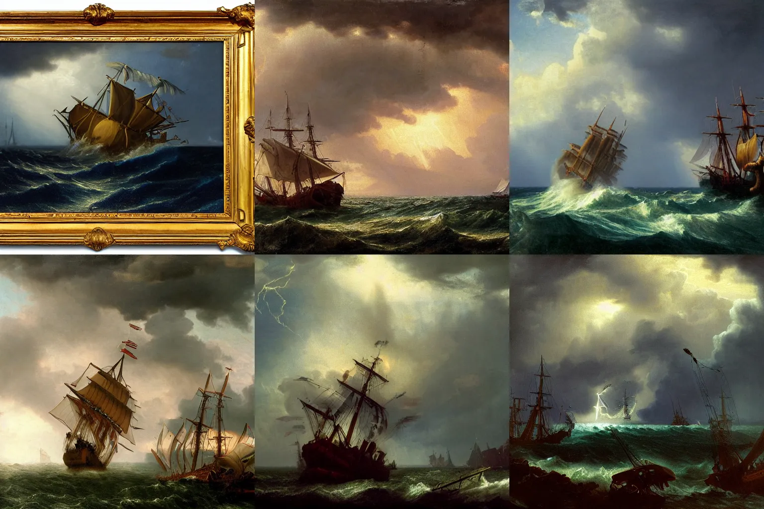 Prompt: a sea kraken attacking a 1700's trading galleon, stormy sky, lightning, albert bierstadt, oil painting, 4k