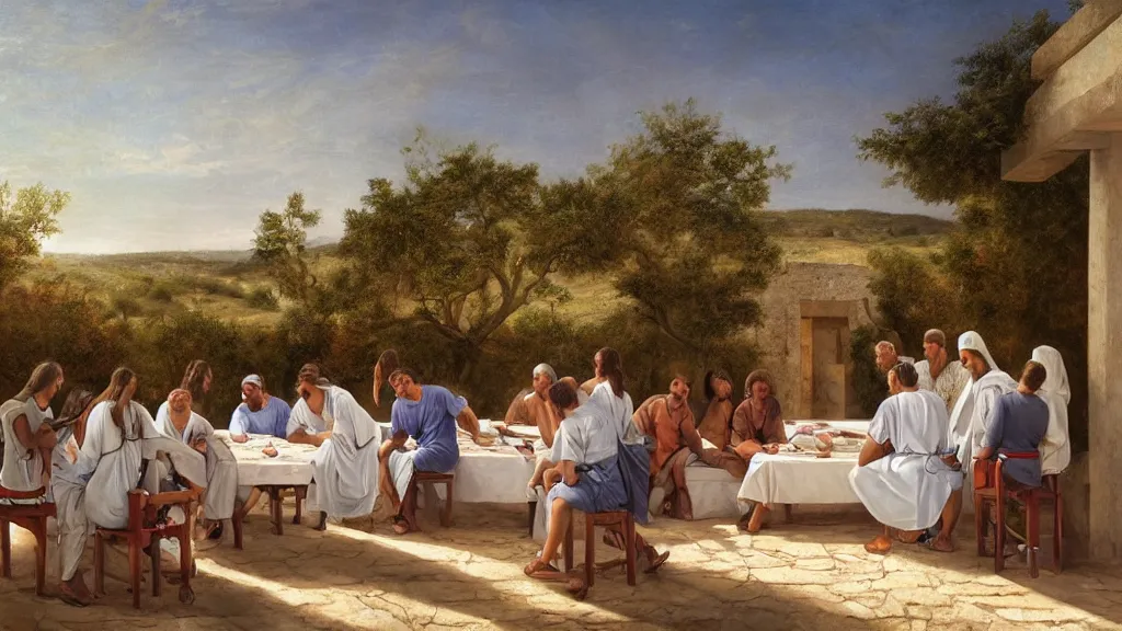 Image similar to tennis players seating in the scene of the last supper, under the porch of a typical portuguese house, with typical alentejo landscape in the back, sunny morning, matte painting, oil canvas, photorealistic illustration, extreme detail, hyper realistic, highly detailed, digital art