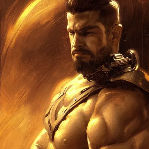 Image similar to handsome portrait of a spartan guy bodybuilder posing, radiant light, caustics, war hero, metal gear solid, ghost in the shell, by gaston bussiere, bayard wu, greg rutkowski, giger, maxim verehin