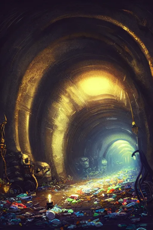 Prompt: , Tunnel made of trash, end of tunnel an image of a clean brightly lit room, fantasy, intricate, elegant, highly detailed, digital painting, artstation, woamn is curved, concept art, smooth, sharp focus, illustration, art by Ilja Repin