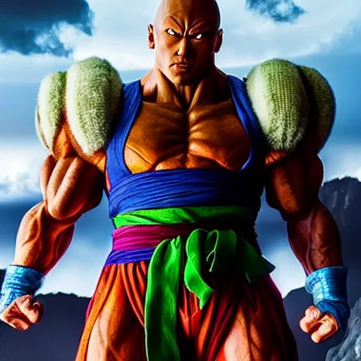 Prompt: photo of a live - action dragon ball z movie featuring dwayne johnson as piccolo