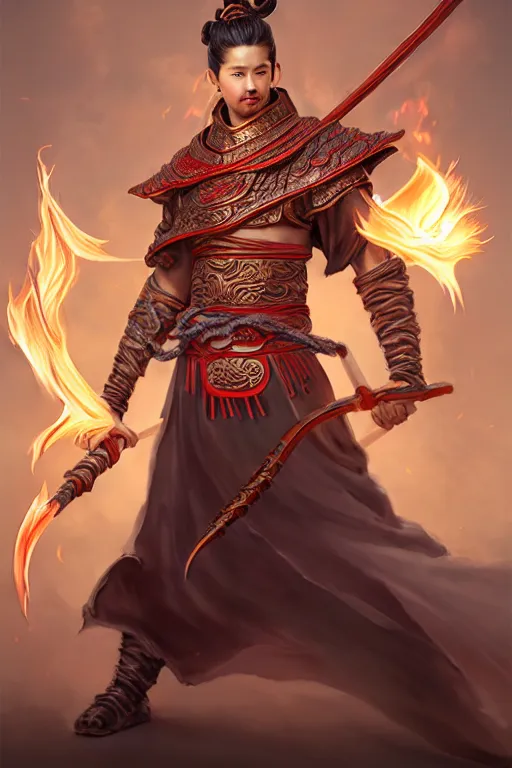 Image similar to handsome nezha, highly detailed, man holding spear, flame everywhere, epic pose, masterpiece chinese fantasy character portrait, highly detailed, digital painting, trending on artstation, concept art, sharp focus, illustration, global illumination, ray tracing, realistic shaded, art by artgerm and greg rutkowski and fuji choko and viktoria gavrilenko and hoang lap