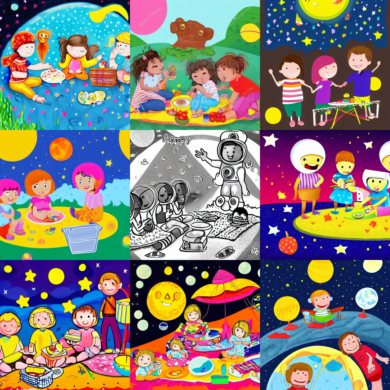 Prompt: A Happy PICNIC ON THE MOON WITH KAYCARE , Children\'s Illustration