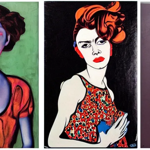 Image similar to beautiful female portrait in oil by james jean, by andy warhol, by roy lichtenstein, by egon schiele