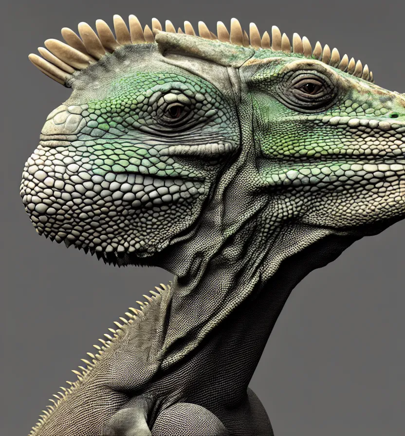 Image similar to iguana head the head has a symmetrical horn and tumor, and there is a rhino horn at the front of the beak, rich detail realistic photoreal photorealistic octane render 8 k