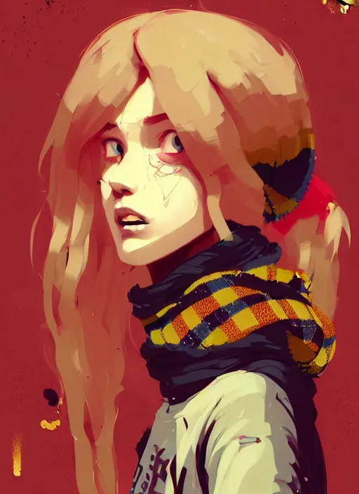 Prompt: highly detailed portrait of a sewer punk lady student, beanie, tartan scarf, wavy blonde hair by atey ghailan, by greg rutkowski, by greg tocchini, by james gilleard, by joe fenton, by kaethe butcher, gradient red, black, brown and gold color scheme, grunge aesthetic!!! graffiti tag wall background