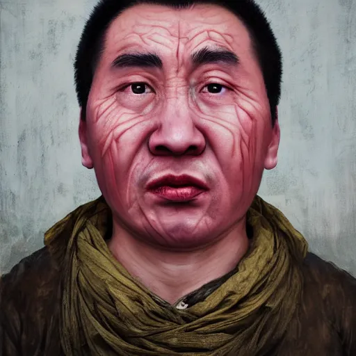 Image similar to photorealistic face portrait of chinese uyghur muslim prisoner and melting wax, wearing victorian rags, elite, disfigured, drooling, moist, unnatural movement, they are unhappy, bizzaro, baroque, renaissance, by emedios varo and anato finnstark and fenghua zhong, hyperrealism, 8 k, 3 d, masterpiece, texture