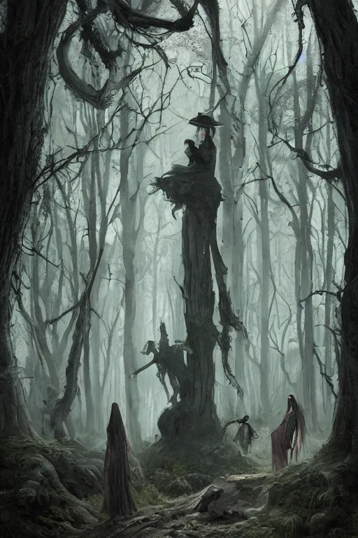 Image similar to Witch coven in the forest, horror, illustrated by Greg Rutkowski and Caspar David Friedrich., Trending on artstation, artstationHD, artstationHQ, 4k, 8k