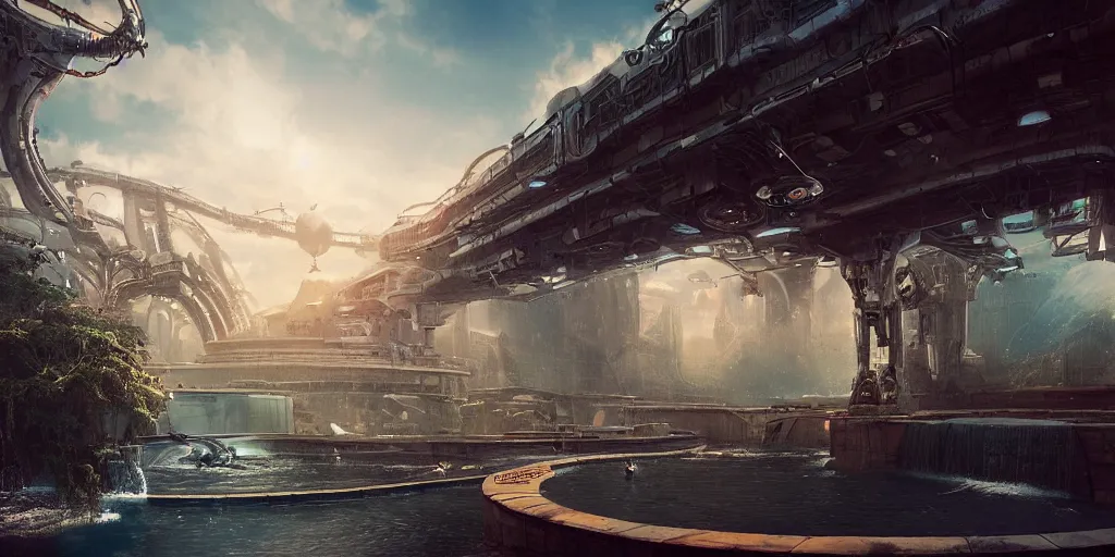 Image similar to alien spacecraft hovering over beautiful pool waterfalls surrounded by alien robots, steel archways, industrial buildings, rusty metal towers, sun setting, ross tran, fantasy, james jean, cinematic lighting, digital painting, octane render