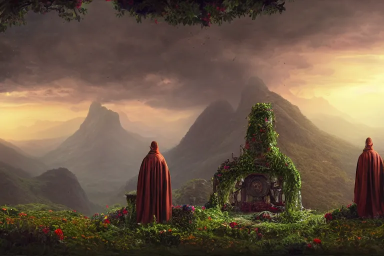 Prompt: highly detailed three robed figures around an altar with flowers and plants, on a lush mountainrange overlooking the vast and beautiful sunset, swirling magic dust, hyper ultra realistic, octane render, eerie, dark, cinematic, style by greg rutkowski, rule of thirds, golden ratio, ambient lighting, wlop, artgerm, masterpiece, dark fantasy art