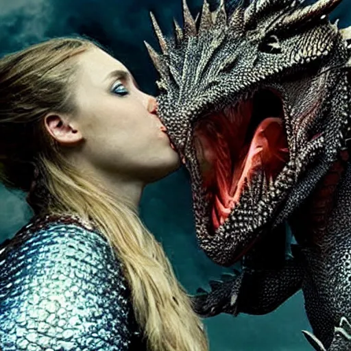 Prompt: a knight kissing a dragon. Amazing movie still.