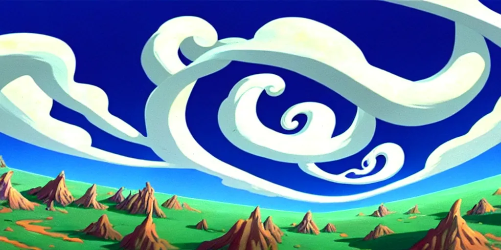 Prompt: cartoon concept art, blue sky spiral clouds, from sam and max