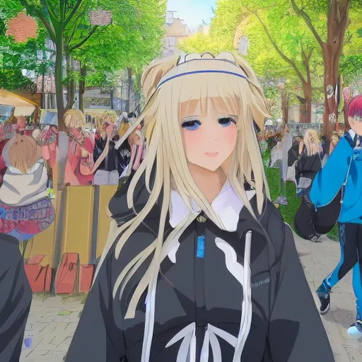 Image similar to blonde - haired princess, anime princess, wearing black jacket and white leggings, looking through crowd, town street, festival street, trees, green trees, blue lighting, blue sunshine, strong lighting, strong shadows, vivid hues, ultra - realistic, sharp details, subsurface scattering, intricate details, hd anime, 2 0 1 9 anime