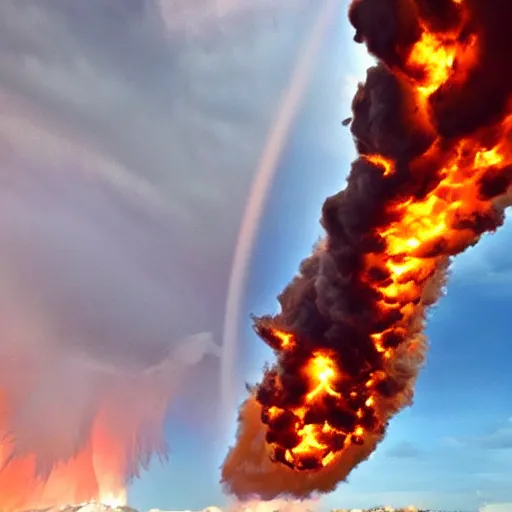 Prompt: Tornado of fire, fire clouds, ultimate tornado, flaming storm