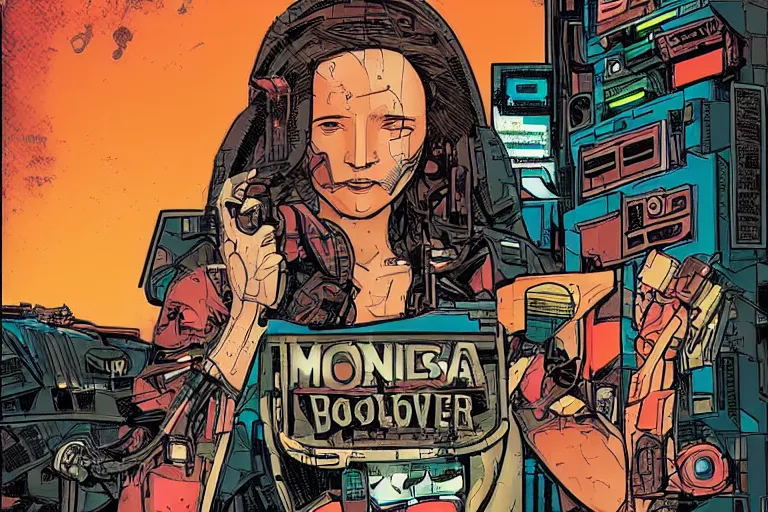 Image similar to comic book based on Monalisa overdrive by william gibson. cyberpunk aesthetic. Dirt machinery. Ultrarealistic.