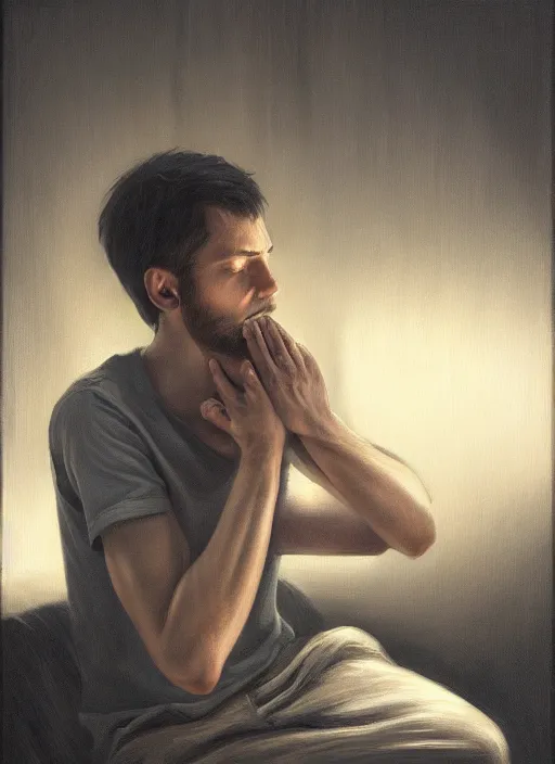 Prompt: insanely detailed chiaroscuro image of a sleepy - looking programmer guy on his knees facing his glowing ultrawide monitor begging it for forgiveness, oil on canvas, masterwork, fine detail, trending on artstation, emotive, insanely compelling, ryden, koons, moebius