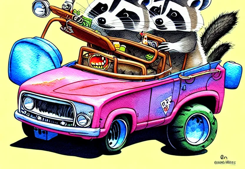 Image similar to cute and funny, racoon riding in a tiny hot rod truck with ( very ) oversized engine, ratfink style by ed roth, centered award winning watercolor pen illustration, isometric illustration by chihiro iwasaki, edited by range murata