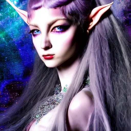 Prompt: A still of an ethereal, mysterious stunning maximalist mesmerizing elven girl with elf ears from the rainbow sky paradise in Tron: Legacy (2010), high-tech, professional high fashion model photo shoot for Victorian gothic lolita fashion, hyperdetailed by Mark Ryden and artgerm and Hiroyuki-Mitsume Takahashi, close-up 35mm macro shot, hyperrealism, 8k resolution 3D, cinematic, dynamic lighting, octane render, unreal engine 5