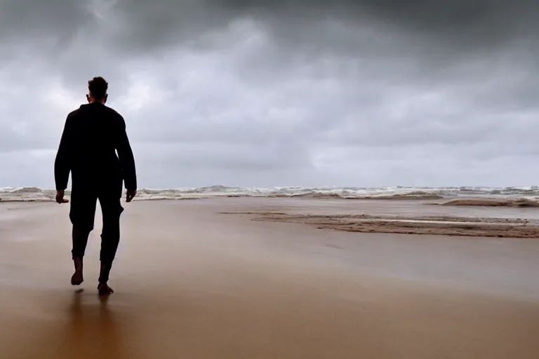 Prompt: a cinematic wide angle shot of a man in his early twenties walking on the sand towards the camera with his head down, sea behind him, in the 2 0 2 1 movie dune, the sand is in the form of a wave, stormy weather, dry, film still, cinematic, dramatic lighting, by zack snyder