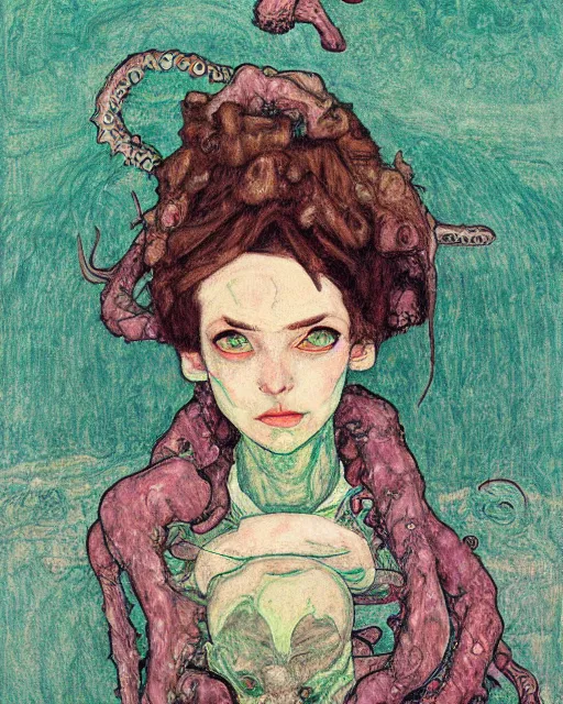 Image similar to portrait of kawaii cthulhu by greg rutkowski in the style of egon schiele