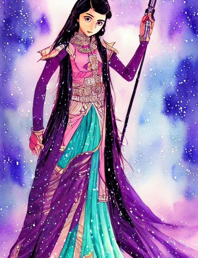 Image similar to south asian scifi princess of the snowy mountains, wearing a lovely dress with cyberpunk elements. this watercolor painting by the award - winning mangaka has an interesting color scheme, plenty of details and impeccable lighting.