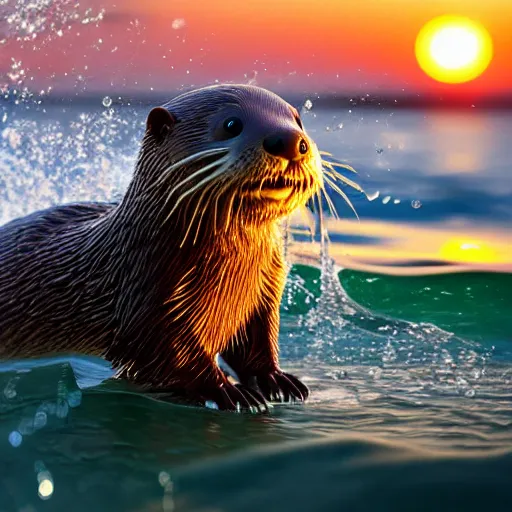 Image similar to a closeup photorealistic photograph of a cute otter - cat hybrid splashing in the surf during sunset. professional capture, well lit shot. this 4 k hd image is trending on artstation, featured on behance, well - rendered, extra crisp, features intricate detail, epic composition and the style of unreal engine.