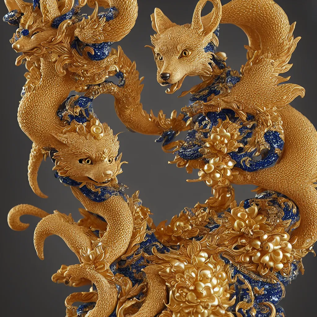 Image similar to a closeup photo - real delicate ceramic porcelain sculpture of an ornate detailed kitsune in front of an intricate background by davinci, micro detail, backlit lighting, subsurface scattering, translucent, thin porcelain, octane renderer, black and blue and gold jewelry, physically based rendering, trending on cgsociety