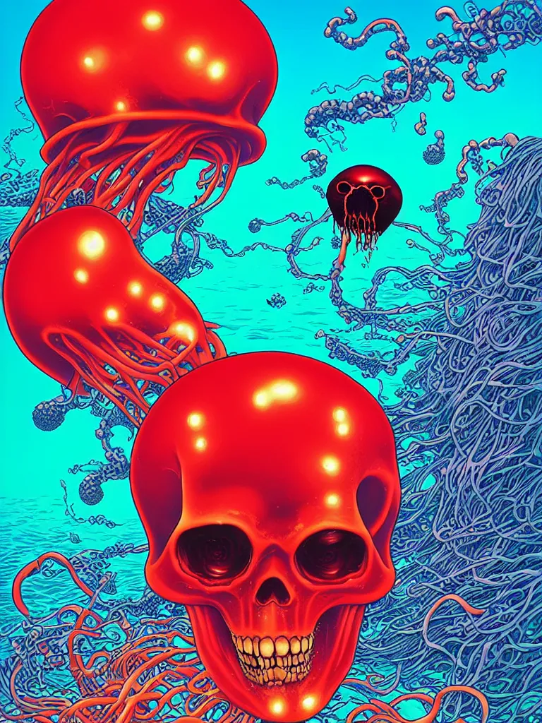 Image similar to a glowing red skull in the sea caught by a jellyfish by josan gonzalez and dan mumford and albrecht anker and miho hirano and ross tran and chiho aoshima, highly detailed, high contrast, pop art, comic shading