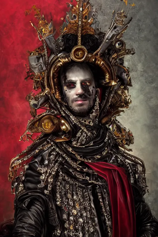 Image similar to epic, portrait, headshot, digital painting, of a 1 7 th century, decadent, cyborg king!, metal - faced, techno - melded with is throne!, dark hair, piercings, amber jewels, baroque!, ornate dark red opulent clothing, scifi, futuristic, realistic, hyperdetailed, concept art, rule of thirds, mannerism