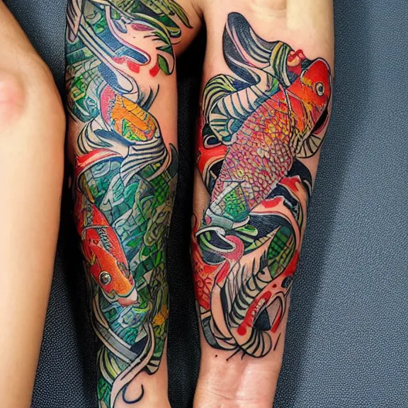 Image similar to “neotraditional tattoo of two koi fishes swimming, digital art, tattoo art, highly detailed, hiperrealistic, photorealistic, 4k UHD, Zoltán Szente, Adam K. Perjatel, Federico Spadafora”