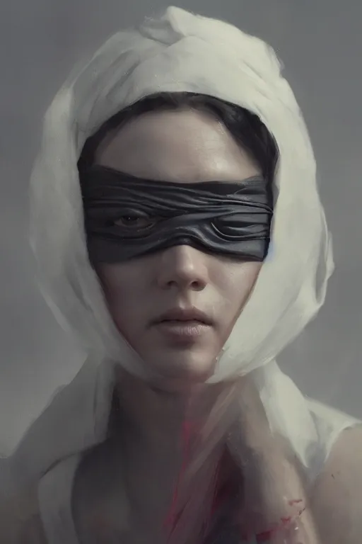 Image similar to a fancy portrait of a blindfolded women by greg rutkowski, sung choi, mitchell mohrhauser, maciej kuciara, johnson ting, maxim verehin, peter konig, 8 k photorealistic, cinematic lighting, hd, high details, dramatic, atmosphereric, trending on artstation