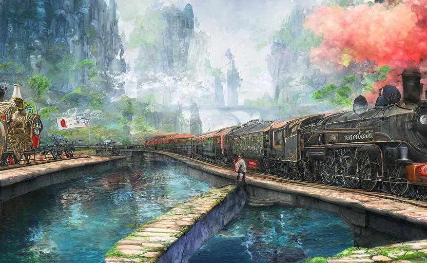 Image similar to A steam locomotive rides along of a waterway on a fantasy city. Fantasy and concept art, colorful digital painting, unreal engine.