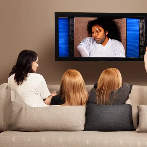 Prompt: three friends sitting on brown couch watching tv with themselves on screen ultra realistic