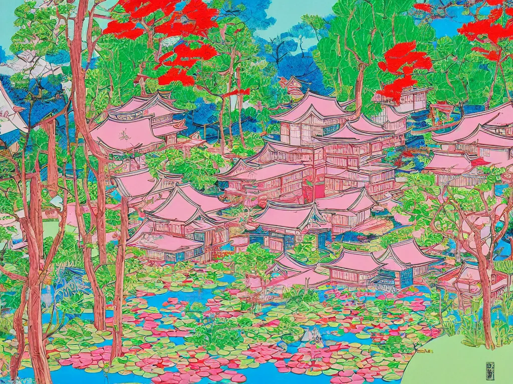 Image similar to image of a traditional japanese house with a garden, a pond in the garden, pink children are sitting around it, a combination of pop art and traditional japanese painting styles, the style of andy warhol, roy lichtenstein and jackie tsai, bright palette, acrylic on canvas