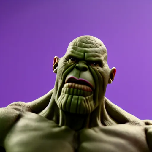 Prompt: a cinematic film still of a claymation stop motion film starring thanos, shallow depth of field, 8 0 mm, f 1. 8