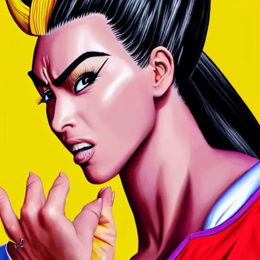 Prompt: ultra realistic portrait painting of kim kardashian as super saiyan, art by akira toriyama, 4 k, dragon ball artstyle, cel shaded, highly detailed, epic lighting