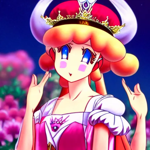 Prompt: young princess peach crowned empress of the mushroom kingdom, anime style, coronation, cinematic lighting, 1 6 th century,