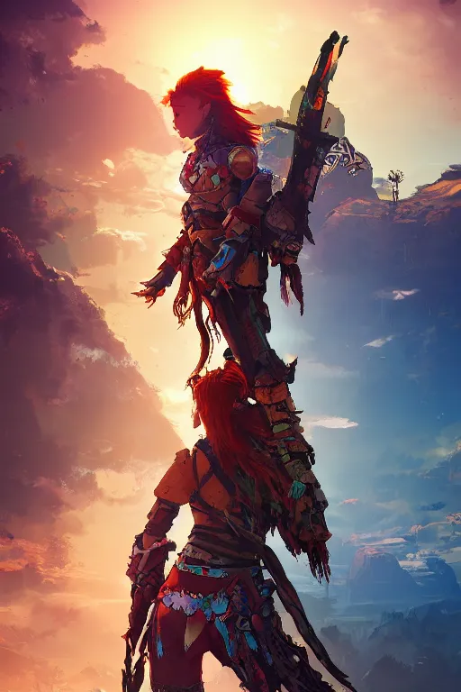 Image similar to combination suit armor aloy horizon forbidden west horizon zero dawn radiating a glowing aura global illumination ray tracing hdr fanart arstation by ian pesty and alena aenami artworks in 4 k tribal robot ninja mask helmet backpack