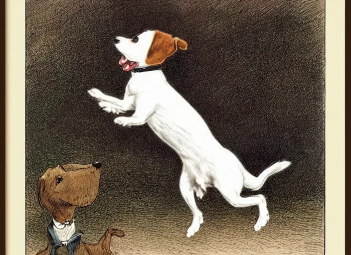 Image similar to portrait of happy jack russel terrier jumping, illustrated by peggy fortnum and beatrix potter and sir john tenniel