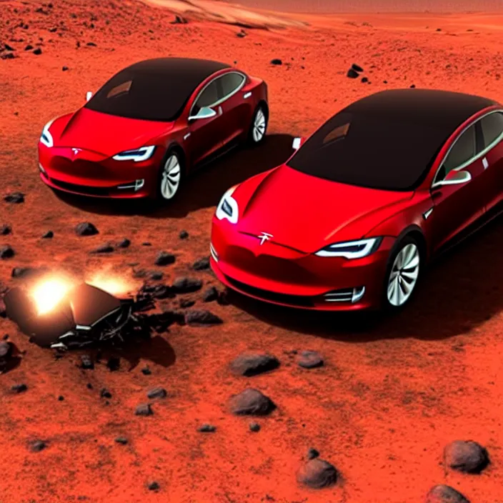 Image similar to photo of a red tesla car crash landing on mars highly detailed, 4 k, hdr, smooth, sharp focus, high resolution, award - winning photo