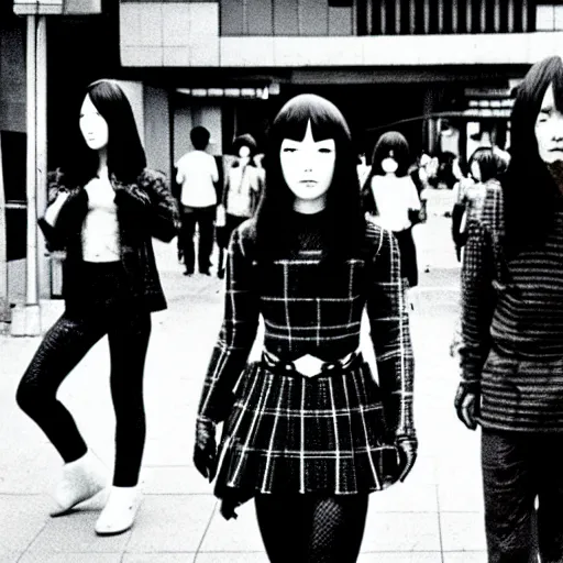 Image similar to japanese 70s black and White TV show, Photorealistic, cyborg superheroes walking the streets of Shinjuku