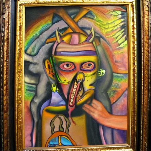 Image similar to portre of an autistic demon on acid, masonic and kabalistic symbols in background, oil painting