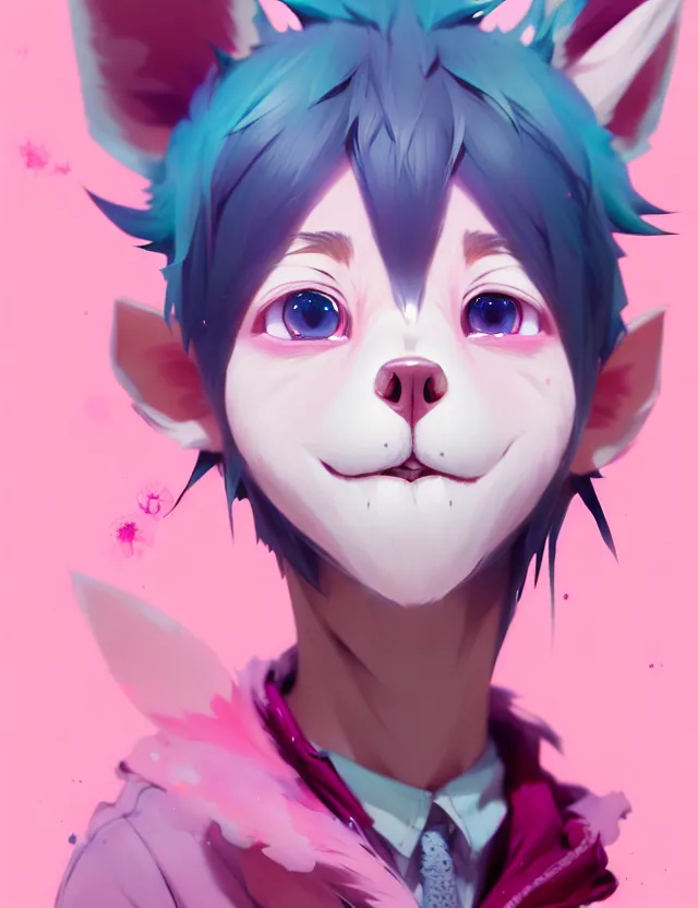 Image similar to a beautiful fullbody portrait of a cute anime boy with pink hair and pink wolf ears. character design by cory loftis, fenghua zhong, ryohei hase, ismail inceoglu and ruan jia. artstation, volumetric light, detailed, photorealistic, fantasy, rendered in octane