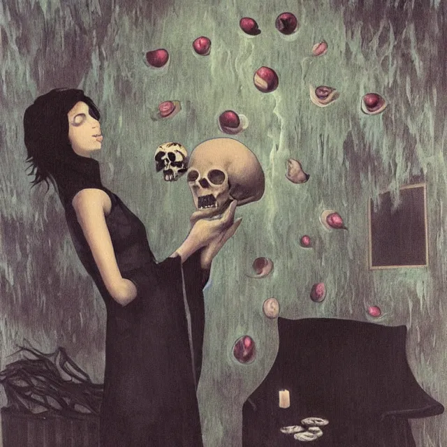 Image similar to tall female emo artist holding a skull in her flooded apartment, pomegranates, octopus, water gushing from ceiling, painting of flood waters inside an artist's apartment, a river flooding indoors, candles, ikebana, zen, rapids, waterfall, black swans, canoe, berries, acrylic on canvas, surrealist, by magritte and monet