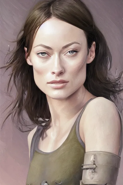 Image similar to a professional painting of a young Olivia Wilde, clothes in military armor, olive skin, long dark hair, beautiful bone structure, symmetrical facial features, intricate, elegant, digital painting, concept art, smooth, sharp focus, illustration, from StarCraft by Ruan Jia and Mandy Jurgens and Artgerm and William-Adolphe Bouguerea