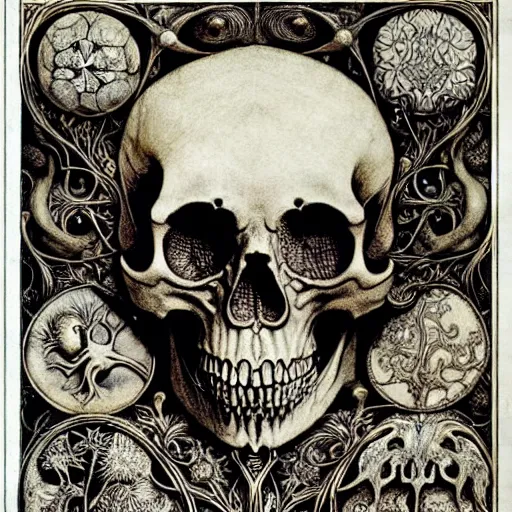 Image similar to memento mori by arthur rackham, art forms of nature by ernst haeckel, exquisitely detailed, art nouveau, gothic, ornately carved beautiful skull dominant, intricately carved antique bone, art nouveau botanicals, ornamental bone carvings, art forms of nature by ernst haeckel, horizontal symmetry, arthur rackham, ernst haeckel, symbolist, visionary