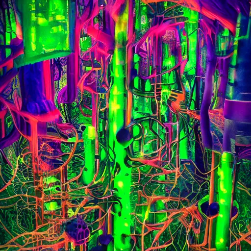 Image similar to lush enchanted forest interlocking with machines by salome totladze, bursts of color, beautiful, neon